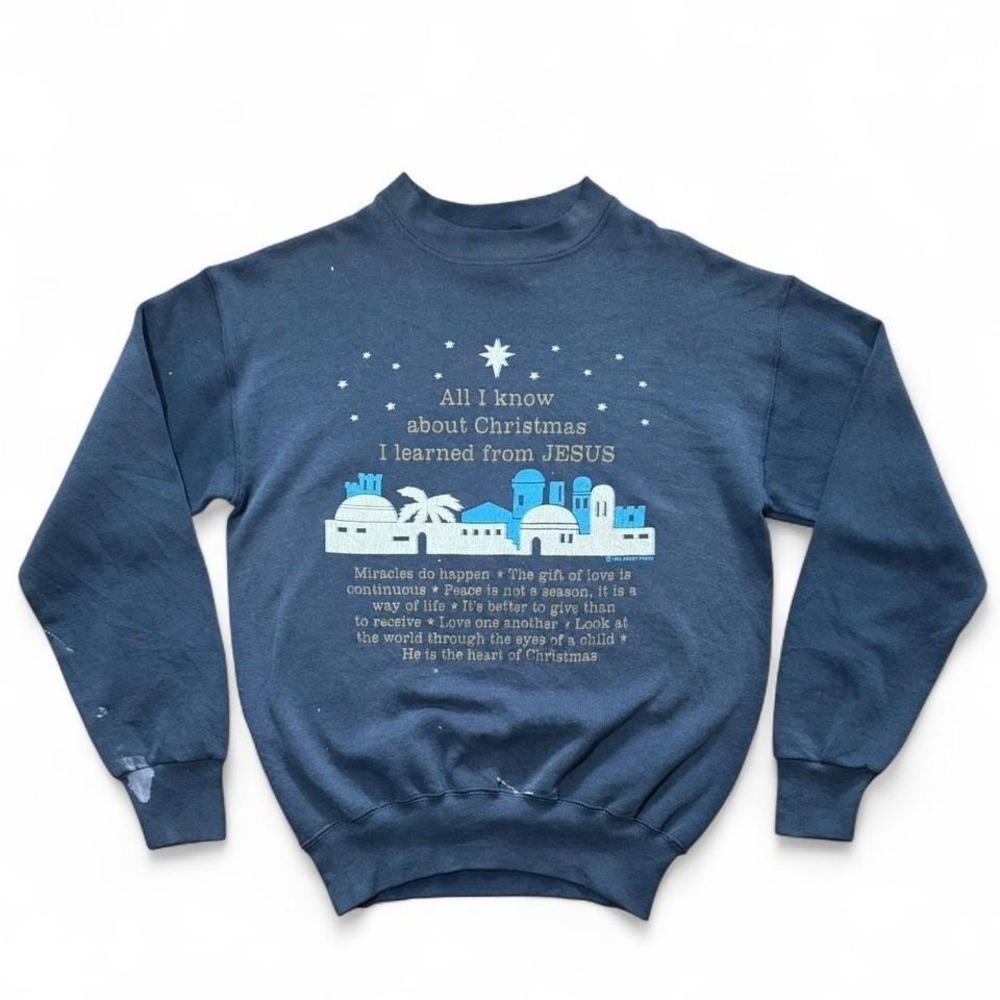 Vintage 1995 Religious Jesus Christmas Navy Pullover Crewneck Med 20x25 USA